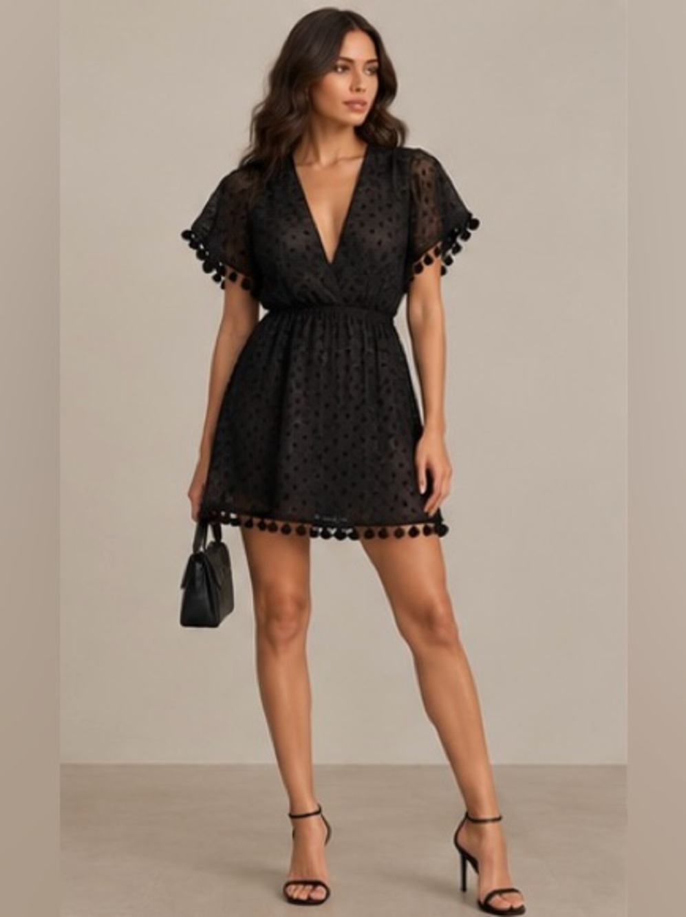 MINKPINK Black Sheer Pom-Pom Trim Mini Onsie